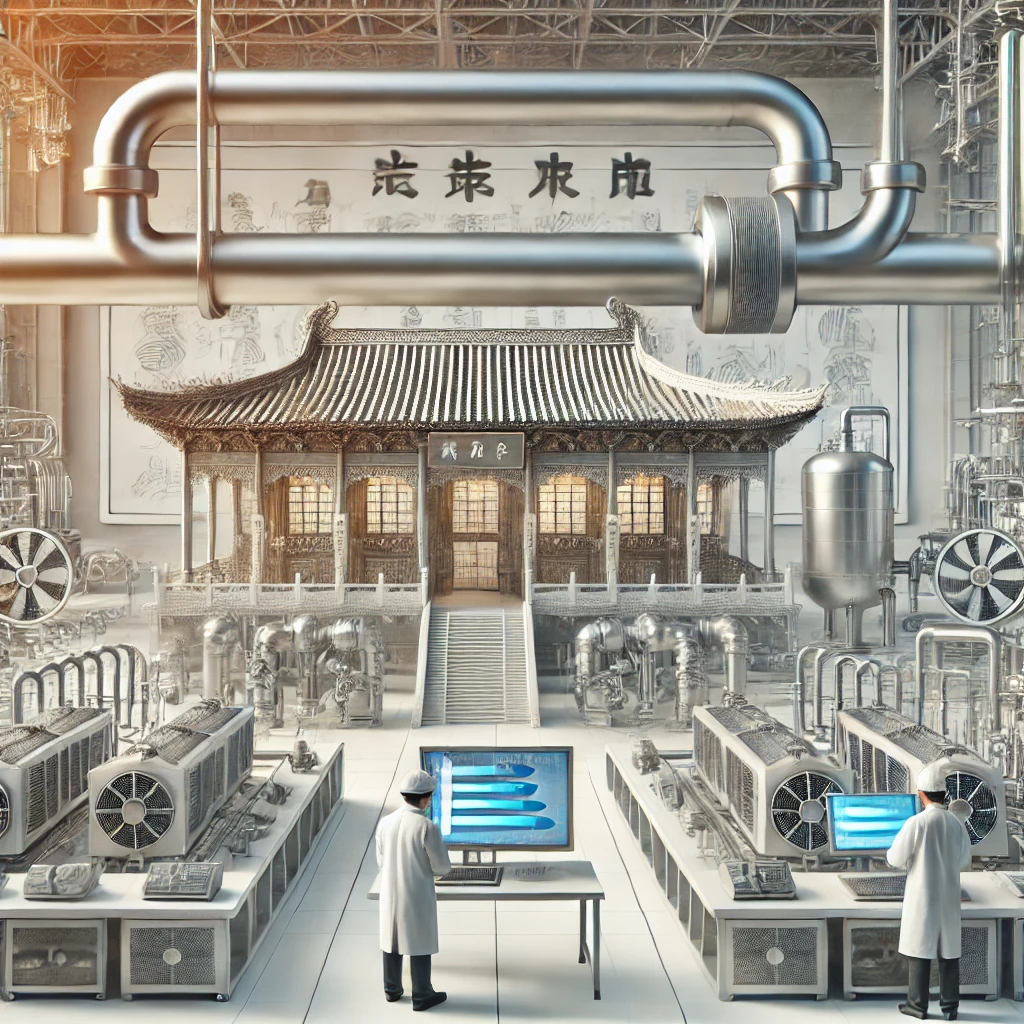 A Chinese-style industrial setting featuring advanced heat pipe technology used for industrial energy saving. The scene includes modern heat pipe systems integrated into various industrial equipment, showcasing their efficiency in heat transfer and energy saving. The background shows a clean, well-organized factory environment with Chinese architectural elements, symbolizing technological innovation and industrial excellence. Engineers are seen working on the heat pipe systems, emphasizing precision and expertise.