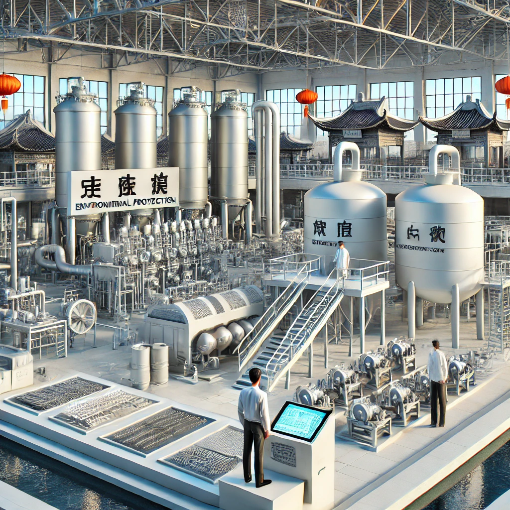 A Chinese-style industrial setting featuring advanced environmental protection equipment used in industrial production. The scene includes modern waste gas treatment systems, wastewater treatment plants, and solid waste processing units. The background shows a clean, well-organized factory environment with Chinese architectural elements, symbolizing technological innovation and environmental sustainability. Engineers are seen operating and maintaining the equipment, emphasizing precision and expertise.