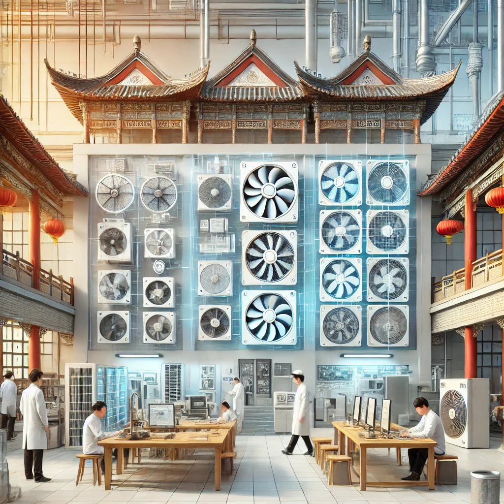 A Chinese-style industrial setting featuring advanced heating fan technology. The scene includes modern heating fans in various applications such as home heating, commercial spaces, and industrial settings. The background shows a clean, well-organized environment with Chinese architectural elements, symbolizing technological innovation and efficiency in heating solutions. Engineers and technicians are seen operating and maintaining the heating fans, emphasizing precision, expertise, and quality assurance.