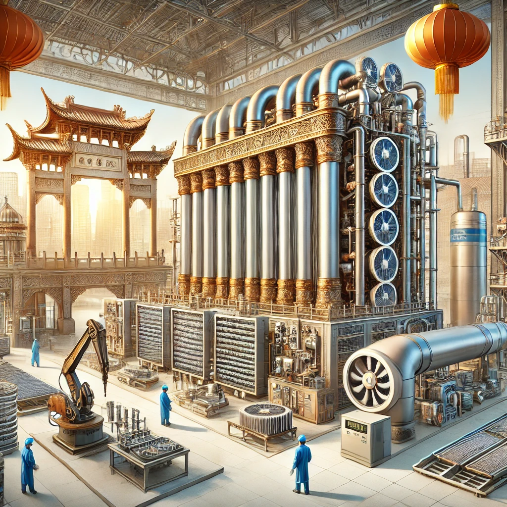 A Chinese-style industrial setting featuring advanced heat exchangers like air heaters, finned tubes, finned tube radiators, and boiler economizers. The scene includes modern industrial equipment with finned tubes and heat exchangers in operation. The background shows a clean, well-organized factory environment with Chinese architectural elements, symbolizing technological innovation and efficiency in energy systems. Engineers and technicians are seen working on the equipment, emphasizing precision, expertise, and quality assurance.
