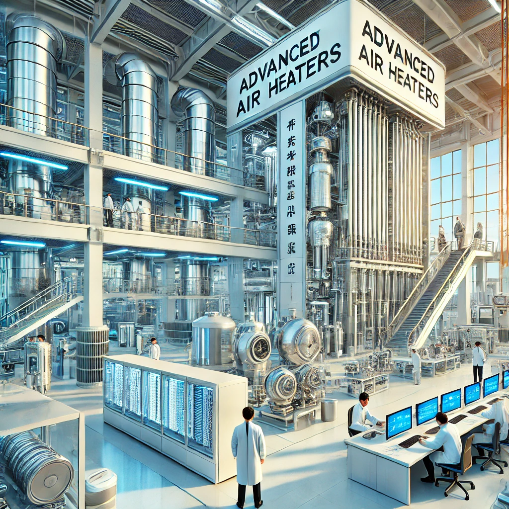A modern Chinese-style industrial setting showcasing advanced air heaters, finned tubes, finned tube radiators, and boiler economizers. The scene includes high-tech machinery and equipment in operation within a clean, organized factory. The environment features Chinese architectural elements and emphasizes technological innovation, energy efficiency, and industrial excellence. Engineers and technicians are actively working on and monitoring the equipment, highlighting precision and expertise.