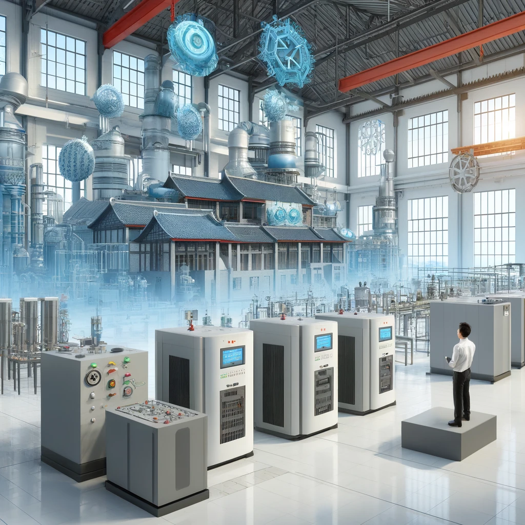 今日能源产业:高效节能技术的突破与未来展望(图1) A Chinese-style industrial setting featuring advanced smart grid systems and high-efficiency energy technologies. The scene includes modern heat-to-electricity conversion units, smart grid components, and high-efficiency energy storage devices. The background displays a clean, well-organized factory environment with Chinese architectural elements, symbolizing technological innovation and industrial excellence. Engineers are seen working on the energy systems, emphasizing precision and expertise.