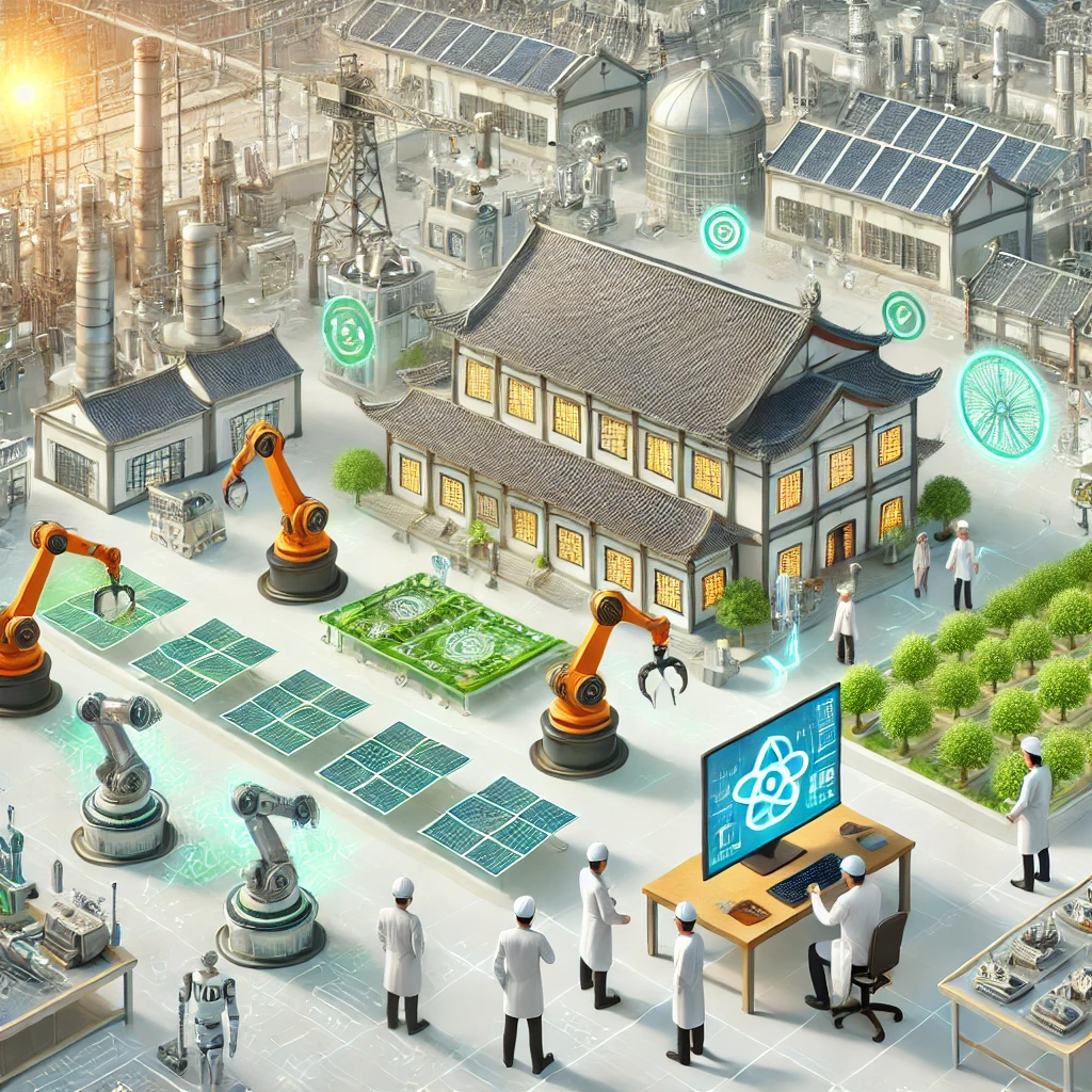 A Chinese-style industrial setting featuring the integration of intelligent manufacturing and green production. The scene includes modern automated manufacturing lines with robots, intelligent sensors, and green production technologies such as solar panels and eco-friendly materials. The background displays a clean, well-organized factory environment with Chinese architectural elements, symbolizing technological innovation and environmental sustainability. Engineers and workers are seen collaborating on the smart manufacturing line, emphasizing precision, efficiency, and environmental consciousness.