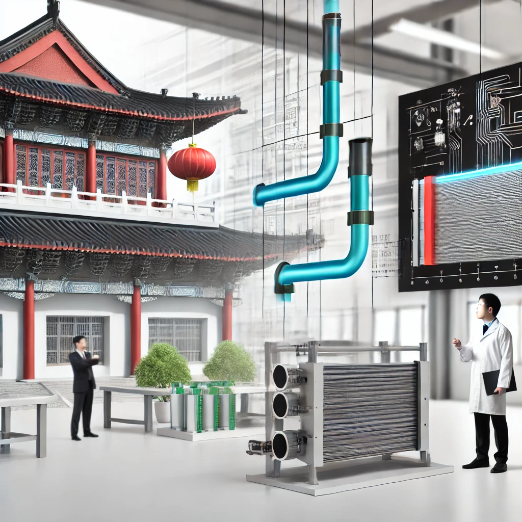 2024年热管技术的革新:推动现代工业的可持续发展(图1) A Chinese-style industrial setting featuring advanced heat pipe technology. The scene includes modern heat pipe systems integrated into various industrial applications such as electronic cooling, energy systems, and aerospace technology. The background shows a clean, well-organized factory environment with Chinese architectural elements, symbolizing technological innovation and industrial excellence. Engineers and workers are seen collaborating and working on the heat pipe systems, emphasizing precision, expertise, and efficiency.
