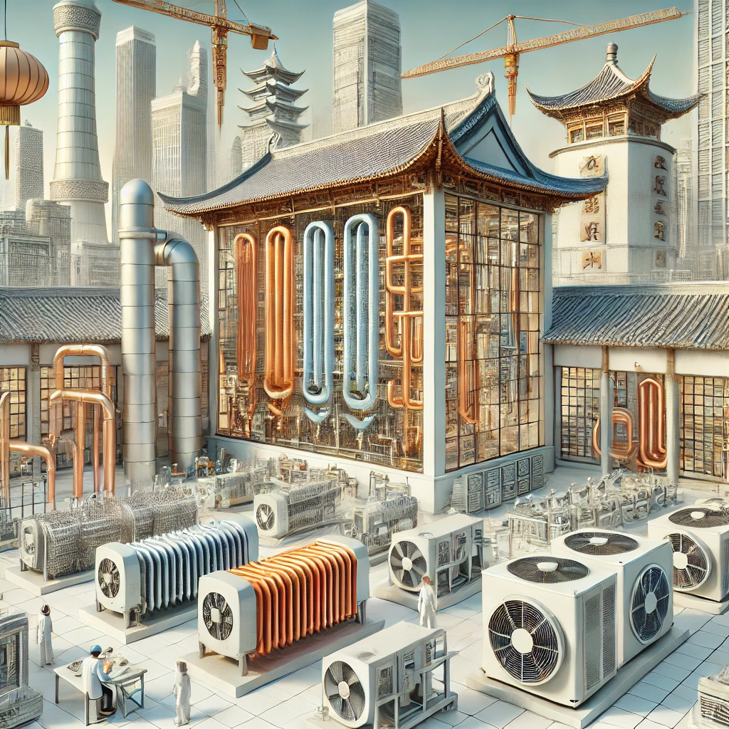 Kaiyun制造有限公司:引领空气加热器与翅片管技术的创新之路(图1) A Chinese-style industrial setting featuring advanced heat exchangers like air heaters, finned tubes, finned tube radiators, and boiler economizers. The scene includes modern industrial equipment with finned tubes and heat exchangers in operation. The background shows a clean, well-organized factory environment with Chinese architectural elements, symbolizing technological innovation and efficiency in energy systems. Engineers and technicians are seen working on the equipment, emphasizing precision, expertise, and quality assurance.